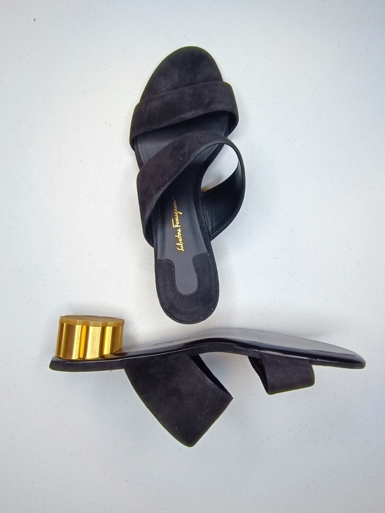 Salvatore Ferragamo Shoes - Salvatore Ferragamo Belluno Black Suede Slide Sandals Gold Flower Heel Size 9.5C